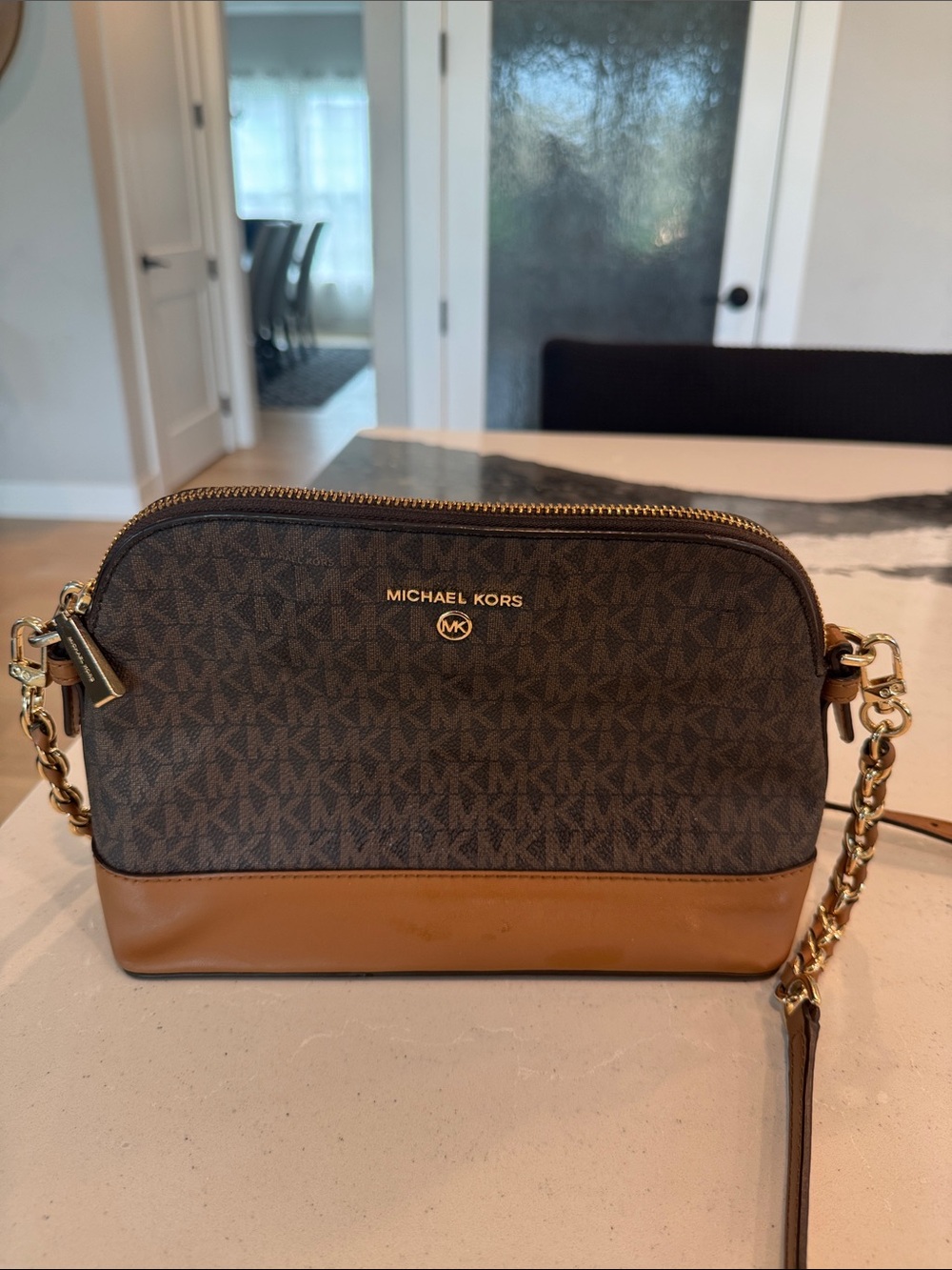Michael Kors Brown and Tan Monogram Crossbody